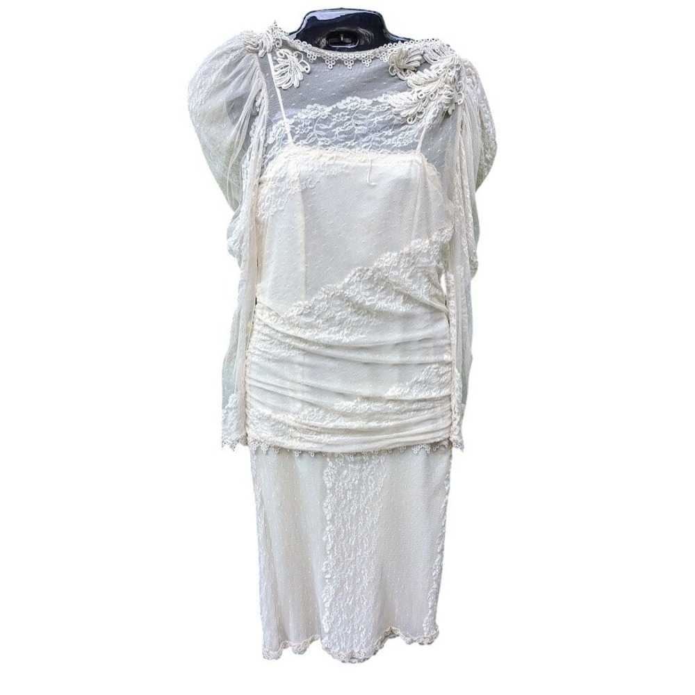 Vintage Lorrie Kabala Dress Size 6 Dainty Sheer Lined Lace Tea Wedding Romantic